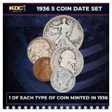 1936 5 Coin Date Set, 1 Of Each Type Of Coin Minte