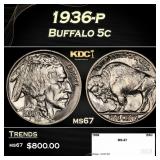 1936-p Buffalo Nickel 5c ms67 SEGS
