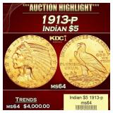 1913-p Gold Indian Half Eagle $5 ms64 USCG