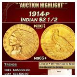 1914-p Gold Indian Quarter Eagle $2 1/2 ms65+ SEGS