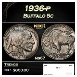 1936-p Buffalo Nickel 5c ms67 SEGS