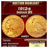1912-s Gold Indian Half Eagle $5 ms62+ USCG