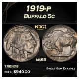 1919-p Buffalo Nickel 5c Grades ms65