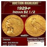1929-p Gold Indian Quarter Eagle $2 1/2 ms65+ SEGS