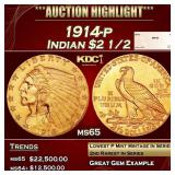 1914-p Gold Indian Quarter Eagle $2 1/2 ms65 SEGS