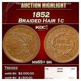 1852 Braided Hair Large Cent 1c ms65+ bn SEGS