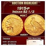 1915-p Gold Indian Quarter Eagle $2 1/2 ms64+ SEGS
