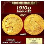 1910-d Gold Indian Half Eagle $5 ms64 USCG