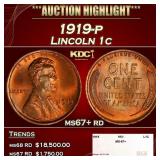 1919-p Lincoln Cent 1c ms67+ rd SEGS