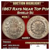1867 Rays Shield Nickel Near Top Pop 5c ms66+ SEGS