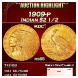 1909-p Gold Indian Quarter Eagle $2 1/2 ms65 SEGS