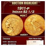 1911-p Gold Indian Quarter Eagle $2 1/2 ms64+ SEGS
