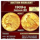 1909-s Gold Indian Half Eagle $5 ms63+ USCG