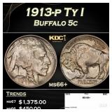 1913-p Ty I Buffalo Nickel 5c ms66+ SEGS