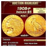 1908-p Gold Indian Half Eagle $5 ms64+ USCG