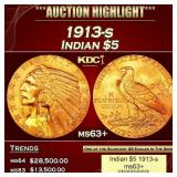 1913-s Gold Indian Half Eagle $5 ms63+ USCG