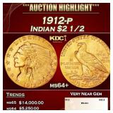 1912-p Gold Indian Quarter Eagle $2 1/2 ms64+ SEGS