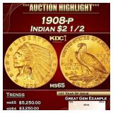 1908-p Gold Indian Quarter Eagle $2 1/2 ms65 SEGS