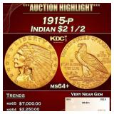 1915-p Gold Indian Quarter Eagle $2 1/2 ms64+ SEGS