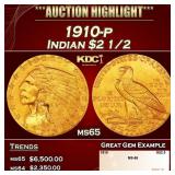 1910-p Gold Indian Quarter Eagle $2 1/2 ms65 SEGS