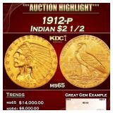 1912-p Gold Indian Quarter Eagle $2 1/2 ms65 SEGS