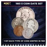 1951 5 Coin Date Set, 1 Of Each Type Of Coin Minte