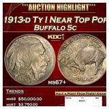 1913-d Ty I Buffalo Nickel Near Top Pop 5c ms67+ S