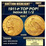 1911-p Gold Indian Quarter Eagle TOP POP! $2 1/2 m