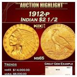 1912-p Gold Indian Quarter Eagle $2 1/2 ms65 SEGS