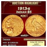 1913-s Gold Indian Half Eagle $5 ms62+ USCG
