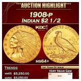 1908-p Gold Indian Quarter Eagle $2 1/2 ms64+ SEGS