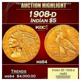 1908-d Gold Indian Half Eagle $5 ms64 USCG