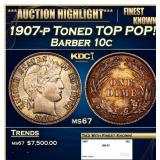 1907-p Barber Dime Toned TOP POP! 10c ms67 SEGS