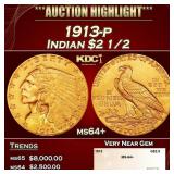 1913-p Gold Indian Quarter Eagle $2 1/2 ms64+ SEGS