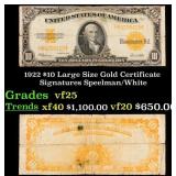 1922 $10 Large Size Gold Certificate Grades vf+ Si