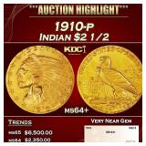 1910-p Gold Indian Quarter Eagle $2 1/2 ms64+ SEGS