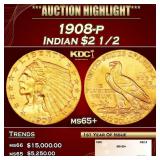 1908-p Gold Indian Quarter Eagle $2 1/2 ms65+ SEGS