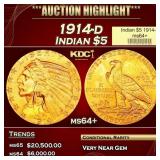 1914-d Gold Indian Half Eagle $5 ms64+ USCG