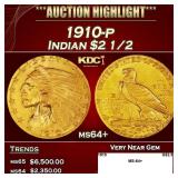 1910-p Gold Indian Quarter Eagle $2 1/2 ms64+ SEGS