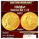 1908-p Gold Indian Quarter Eagle $2 1/2 ms64+ SEGS