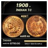 1908 Indian Cent . 1c Grades ms65 rd