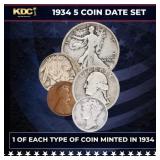 1934 5 Coin Date Set, 1 Of Each Type Of Coin Minte