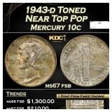 1943-d Mercury Dime Toned Near Top Pop 10c ms67 fs