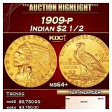 1909-p Gold Indian Quarter Eagle $2 1/2 ms64+ SEGS