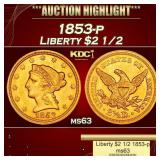 1853-p Gold Liberty Quarter Eagle $2 1/2 ms63 USCG