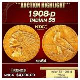1908-d Gold Indian Half Eagle $5 ms64 USCG
