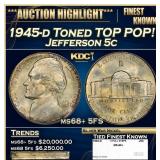 1945-d Jefferson Nickel Toned TOP POP! 5c ms68+ 5F