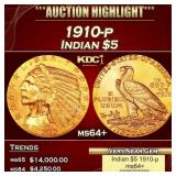 1910-p Gold Indian Half Eagle $5 ms64+ USCG