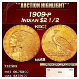 1909-p Gold Indian Quarter Eagle $2 1/2 ms65 SEGS