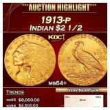 1913-p Gold Indian Quarter Eagle $2 1/2 ms64+ SEGS